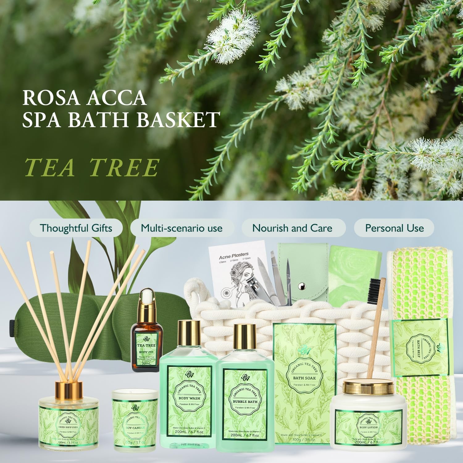 Luxury Spa Gift Set for Women - 15-Piece Tea Tree Scented Basket with Body Wash, Bubble Bath, Bath Soak, and Manicure Set - Perfect Birthday and Mother’s Day Gift for Her