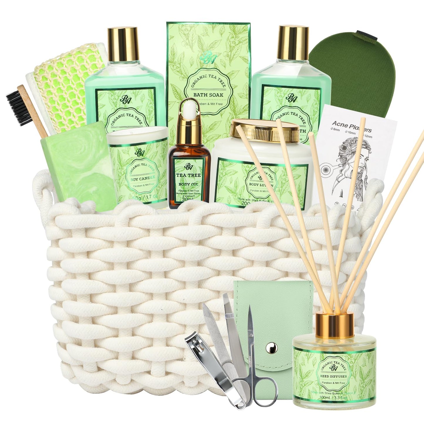 Luxury Spa Gift Set for Women - 15-Piece Tea Tree Scented Basket with Body Wash, Bubble Bath, Bath Soak, and Manicure Set - Perfect Birthday and Mother’s Day Gift for Her