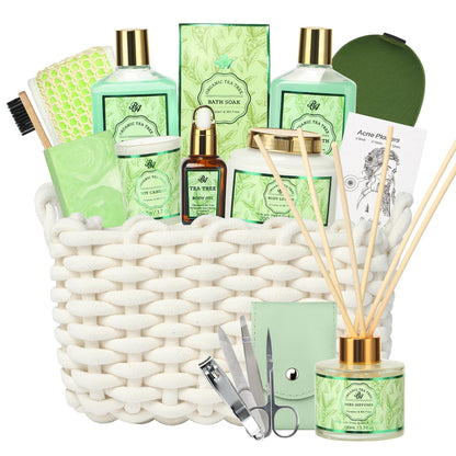 Luxury Spa Gift Set for Women - 15-Piece Tea Tree Scented Basket with Body Wash, Bubble Bath, Bath Soak, and Manicure Set - Perfect Birthday and Mother’s Day Gift for Her