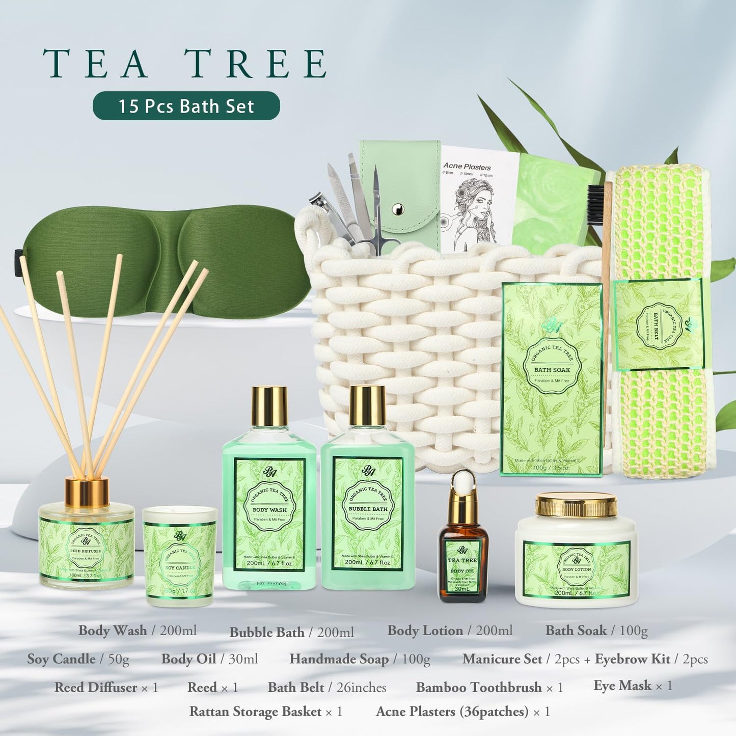 Luxury Spa Gift Set for Women - 15-Piece Tea Tree Scented Basket with Body Wash, Bubble Bath, Bath Soak, and Manicure Set - Perfect Birthday and Mother’s Day Gift for Her
