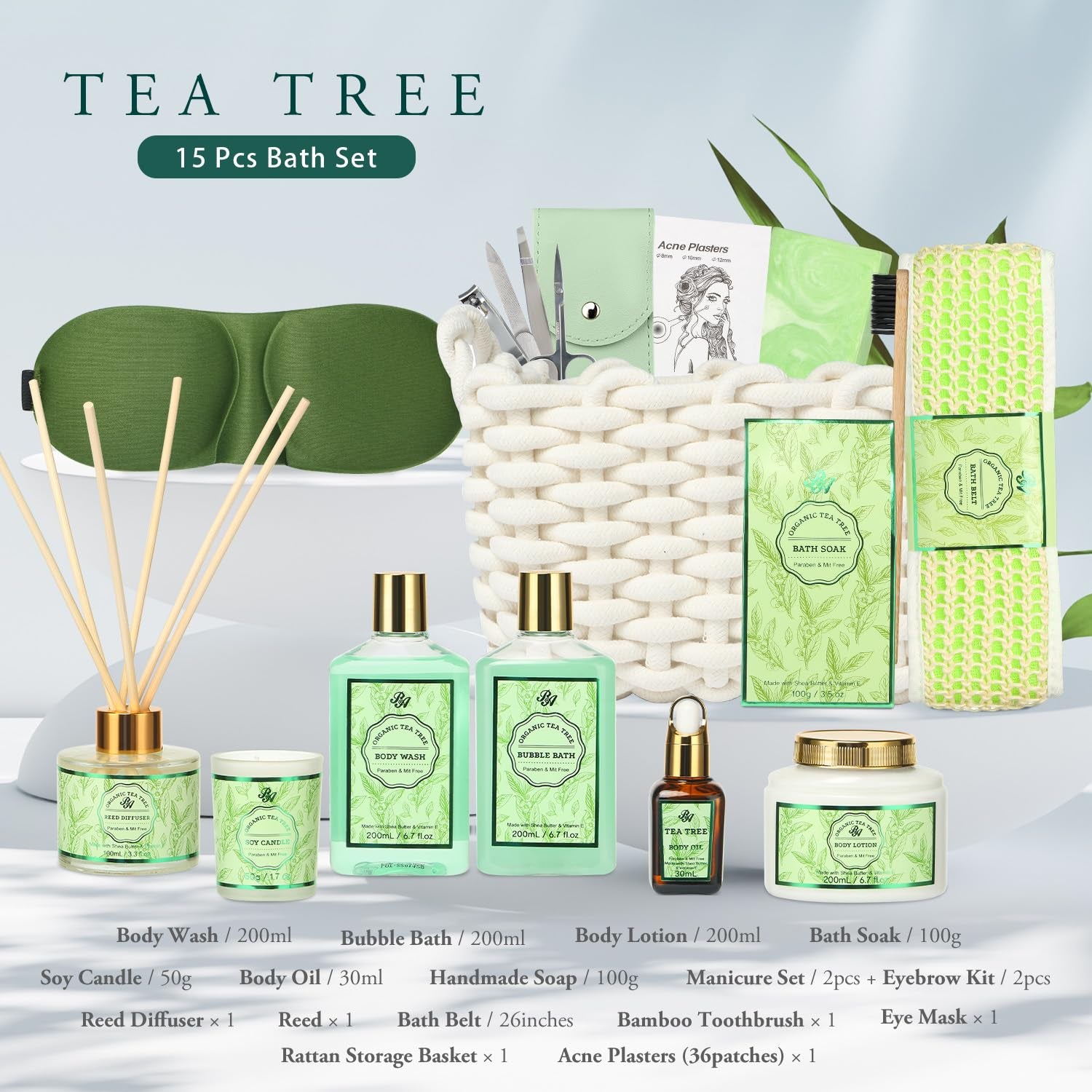 Luxury Spa Gift Set for Women - 15-Piece Tea Tree Scented Basket with Body Wash, Bubble Bath, Bath Soak, and Manicure Set - Perfect Birthday and Mother’s Day Gift for Her